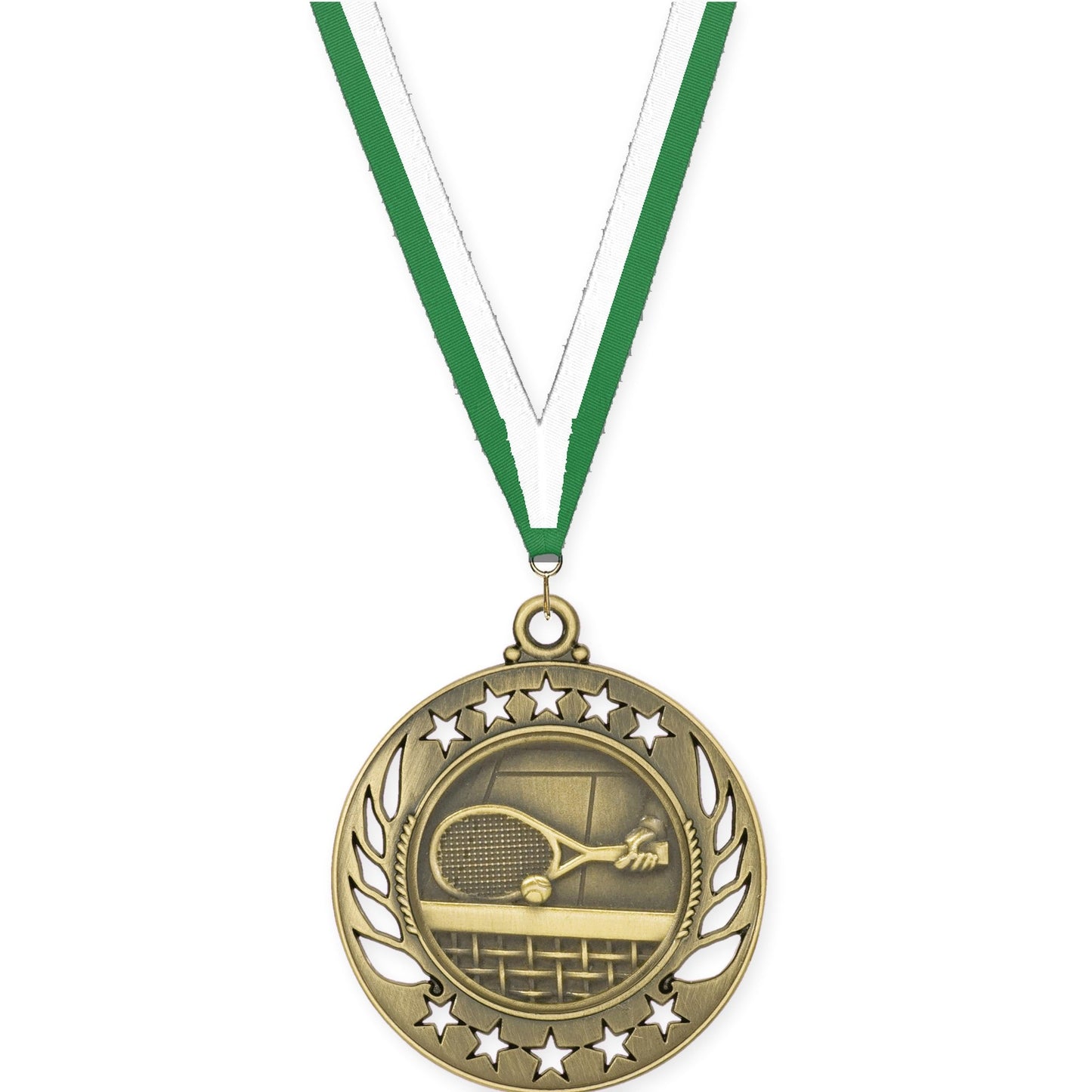 2 1/4 inch tennis Galaxy medal in antique gold with Green White neck ribbon