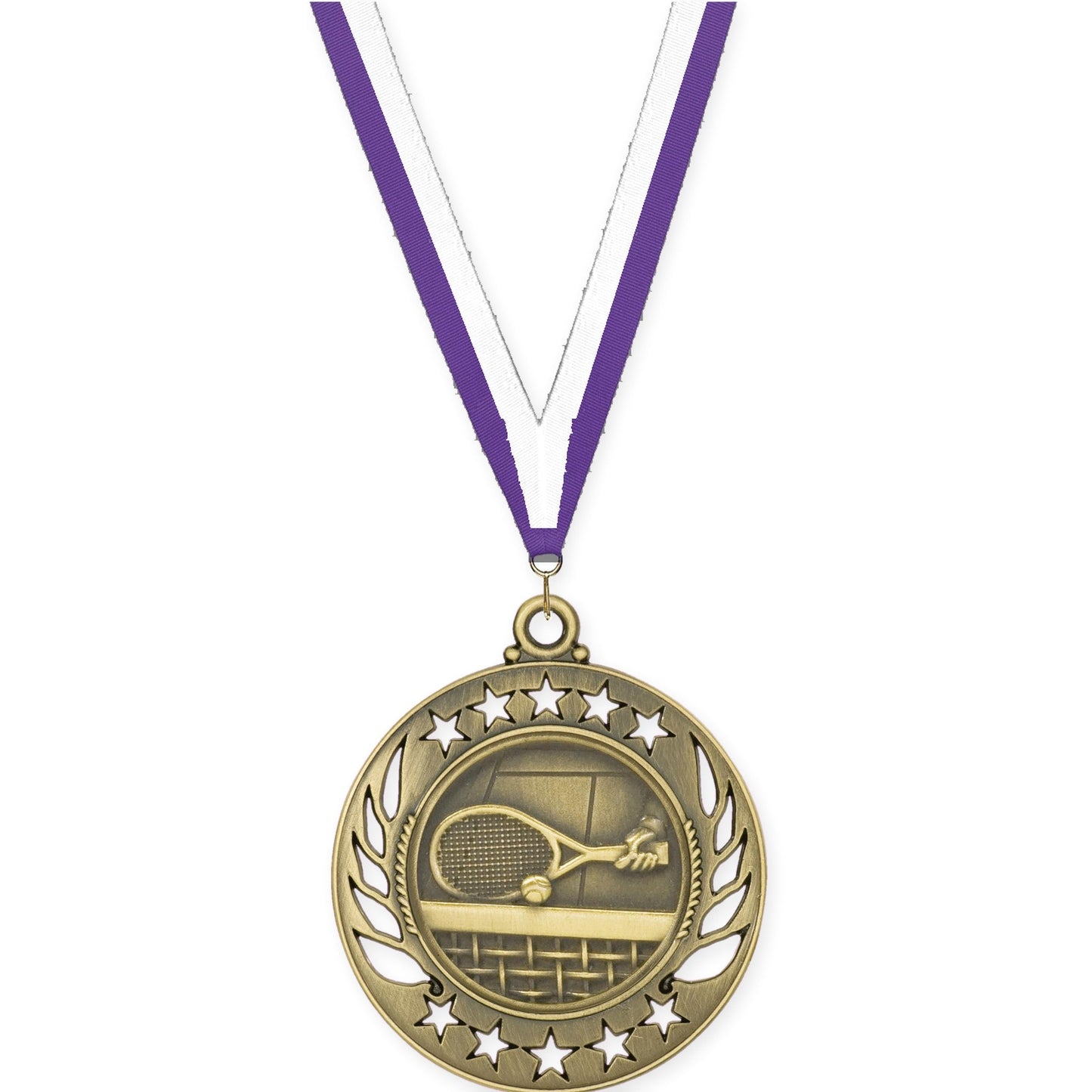 2 1/4 inch tennis Galaxy medal in antique gold with Purple White neck ribbon