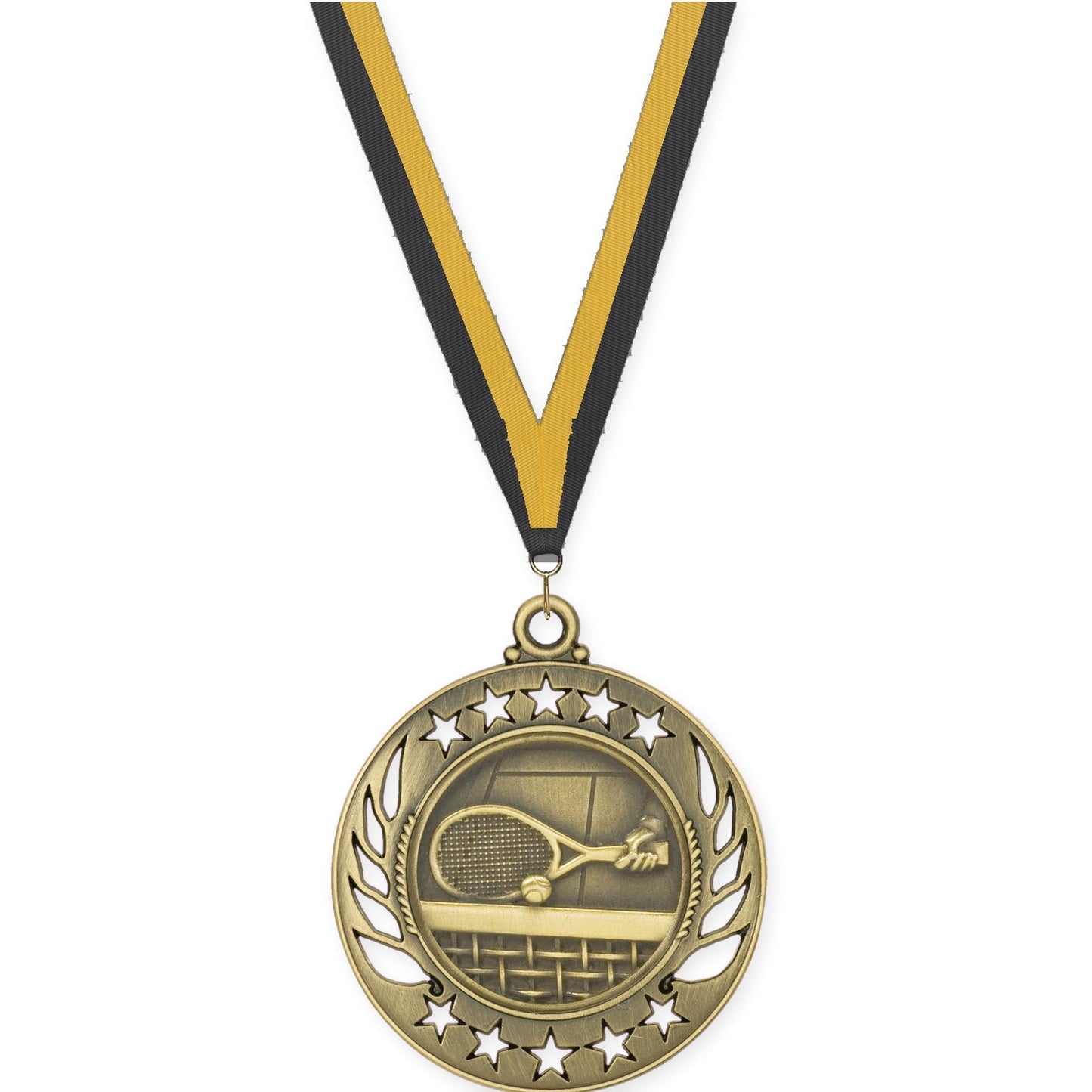 2 1/4 inch tennis Galaxy medal in antique gold with Black Gold neck ribbon