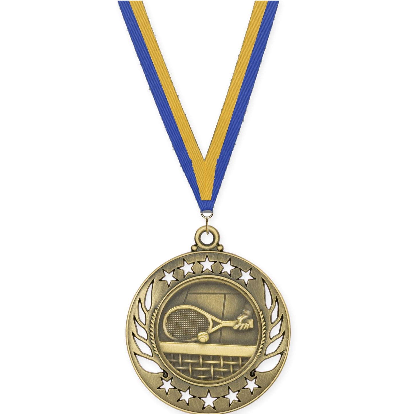 2 1/4 inch tennis Galaxy medal in antique gold with Blue Gold neck ribbon