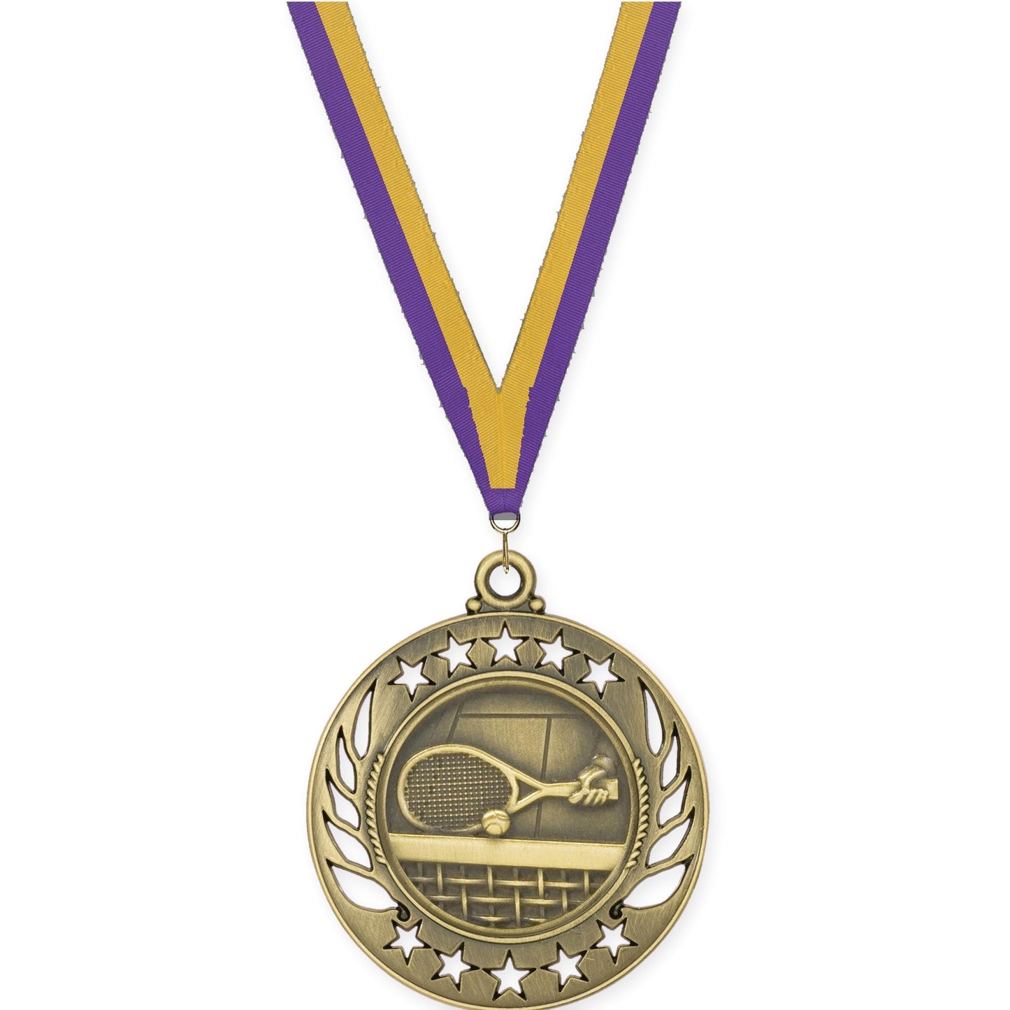 2 1/4 inch tennis Galaxy medal in antique gold with Purple Gold neck ribbon