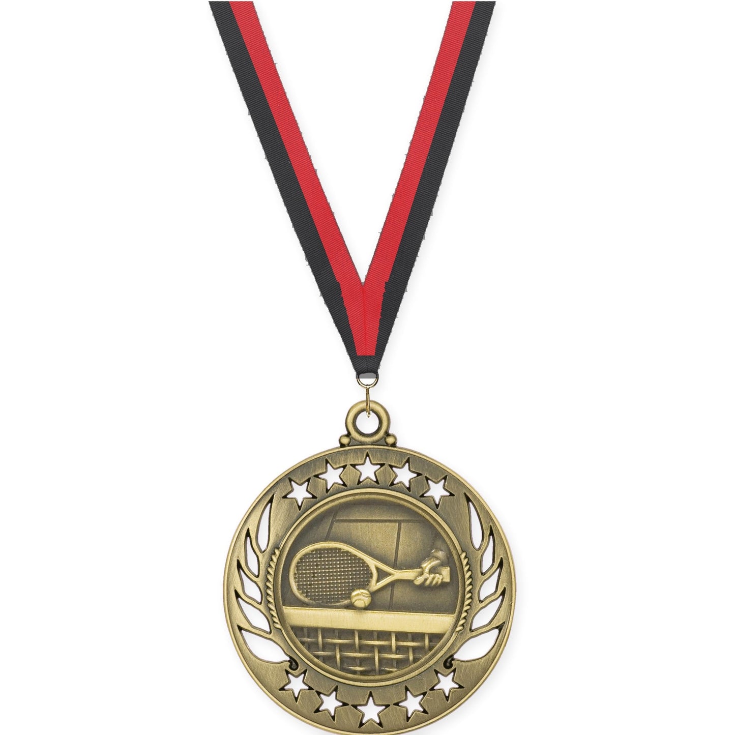 2 1/4 inch tennis Galaxy medal in antique gold with Black Red neck ribbon