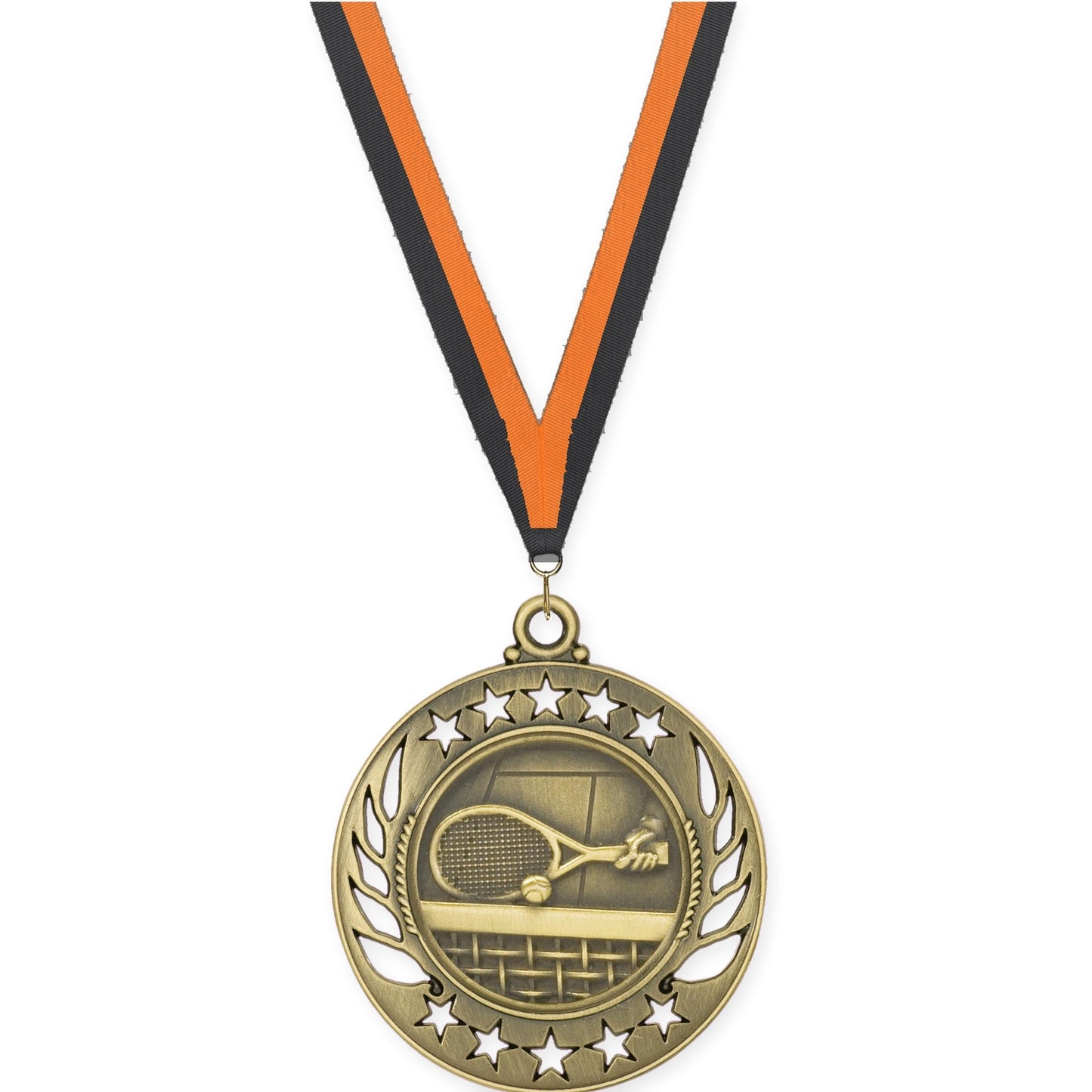 2 1/4 inch tennis Galaxy medal in antique gold with Black Orange neck ribbon