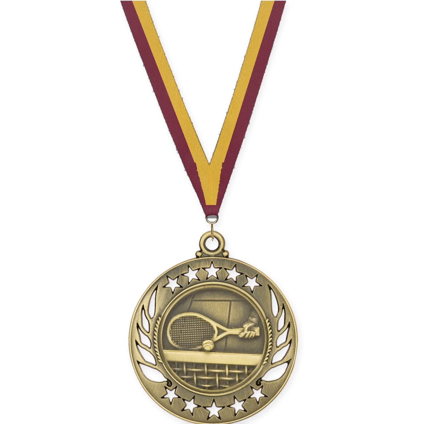2 1/4 inch tennis Galaxy medal in antique gold with Maroon Gold neck ribbon