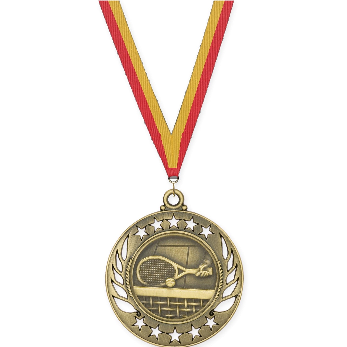 2 1/4 inch tennis Galaxy medal in antique gold with Red Gold neck ribbon