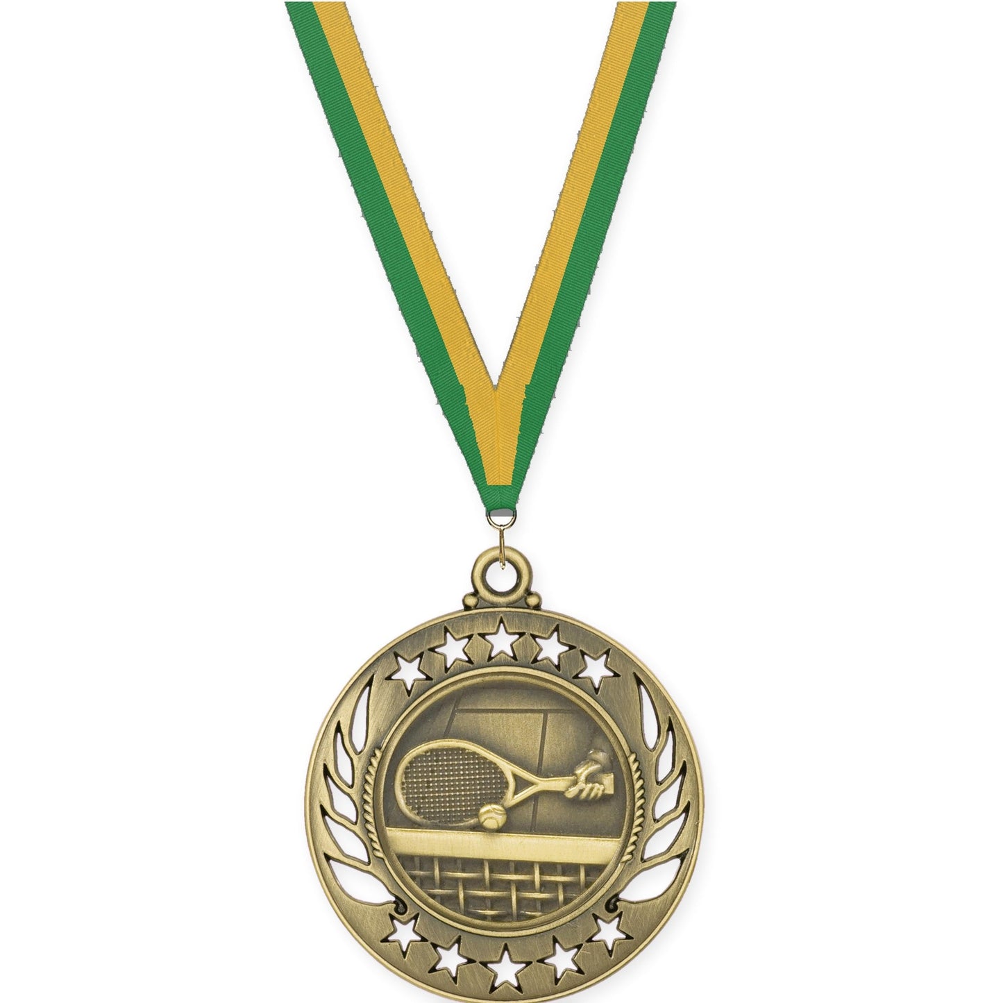 2 1/4 inch tennis Galaxy medal in antique gold with Green Gold neck ribbon