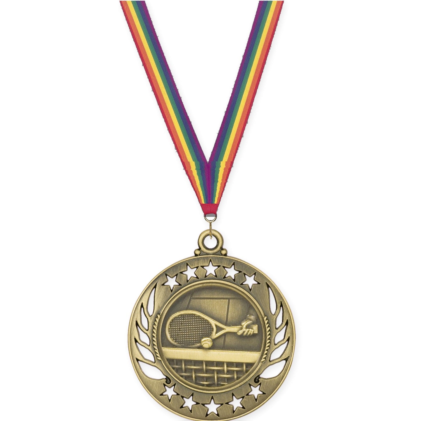 2 1/4 inch tennis Galaxy medal in antique gold with Rainbow neck ribbon