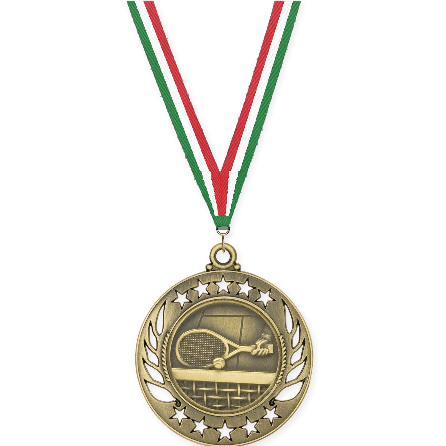 2 1/4 inch tennis Galaxy medal in antique gold with Green White Red neck ribbon