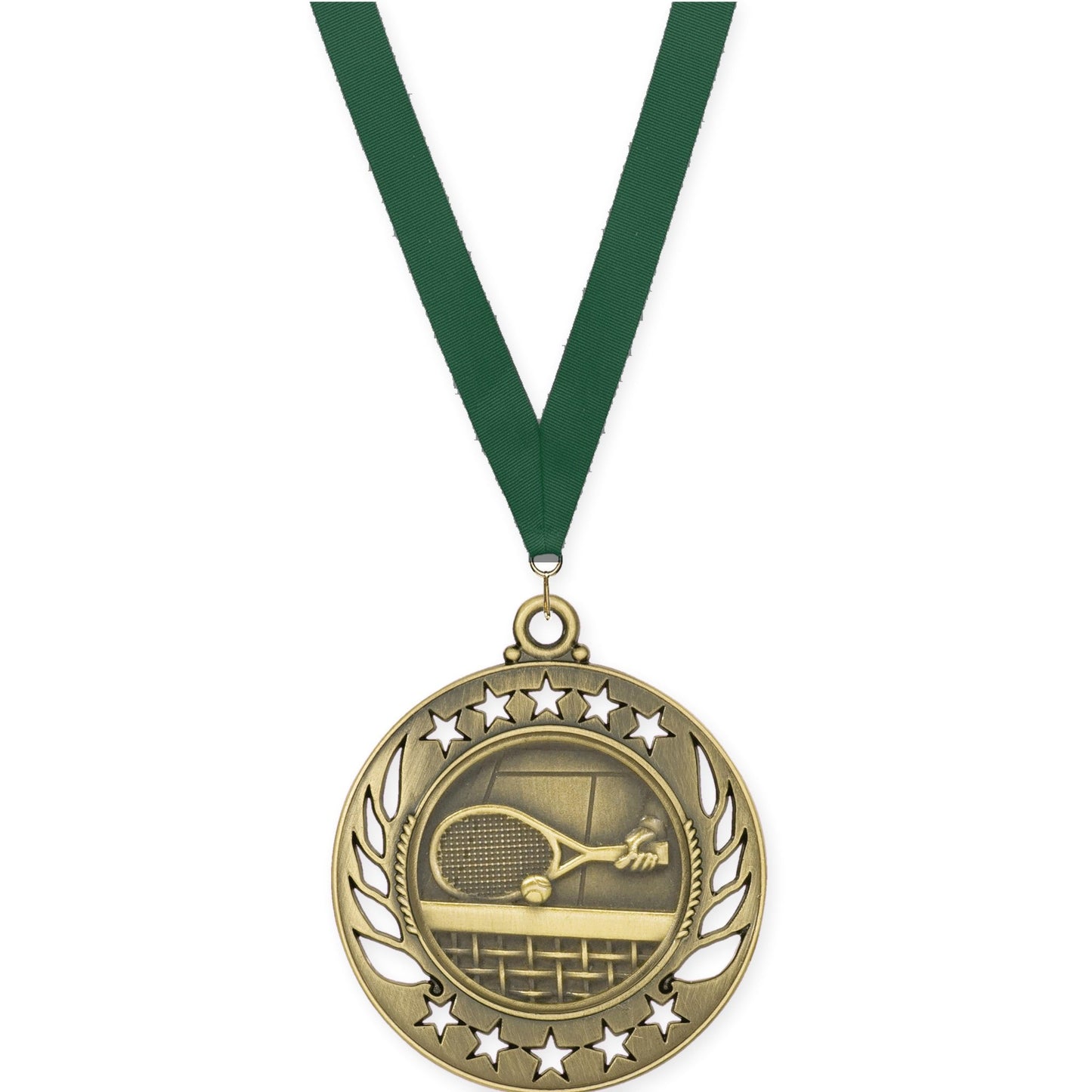 2 1/4 inch tennis Galaxy medal in antique gold with Hunter Green neck ribbon