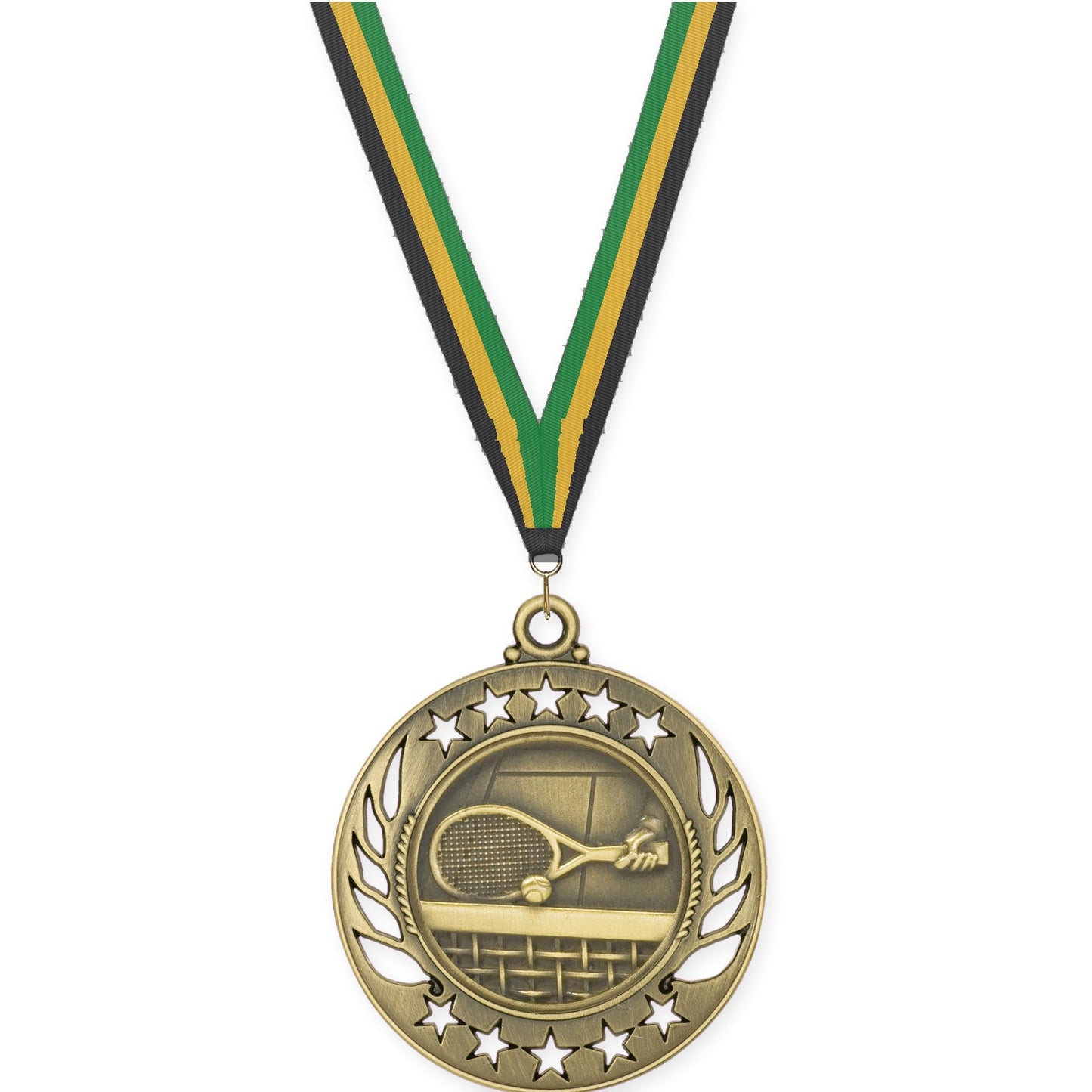2 1/4 inch tennis Galaxy medal in antique gold with Black Gold Green neck ribbon