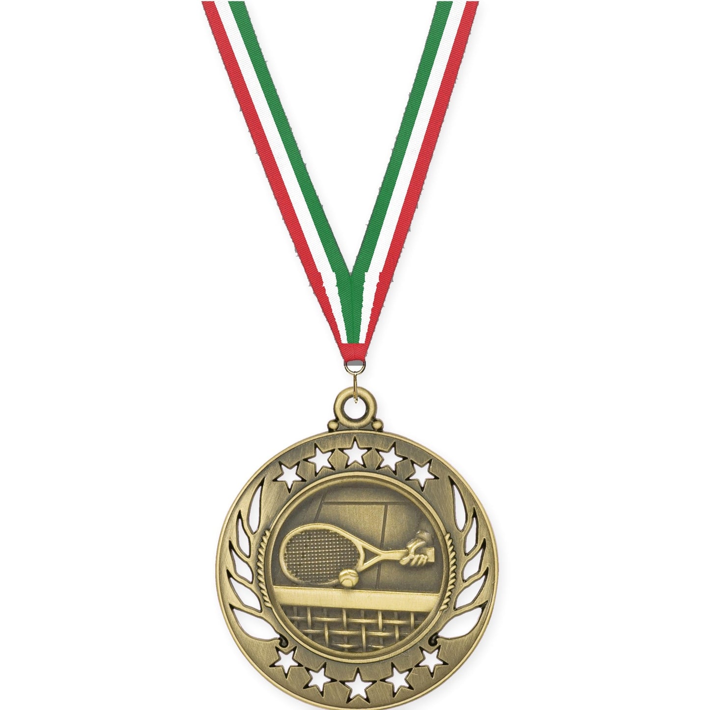 2 1/4 inch tennis Galaxy medal in antique gold with Red White Green neck ribbon