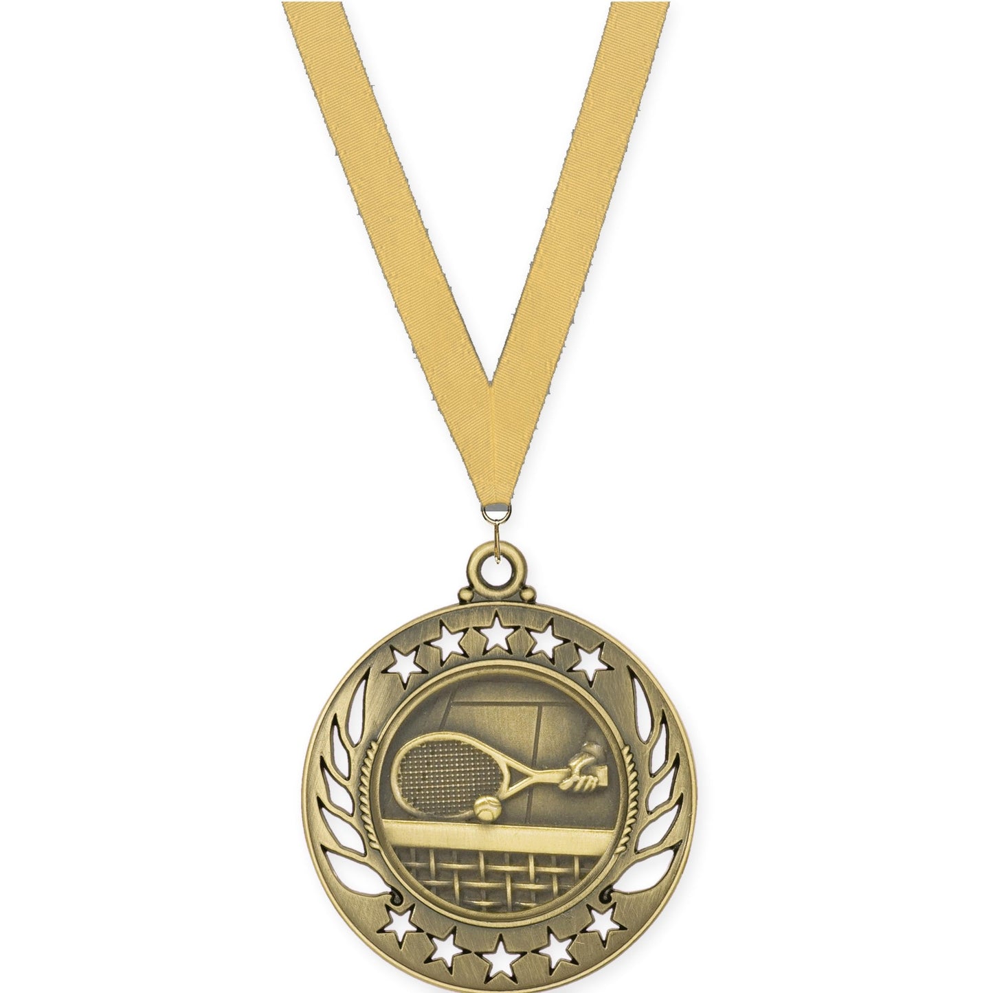 2 1/4 inch tennis Galaxy medal in antique gold with Gold Metallic neck ribbon