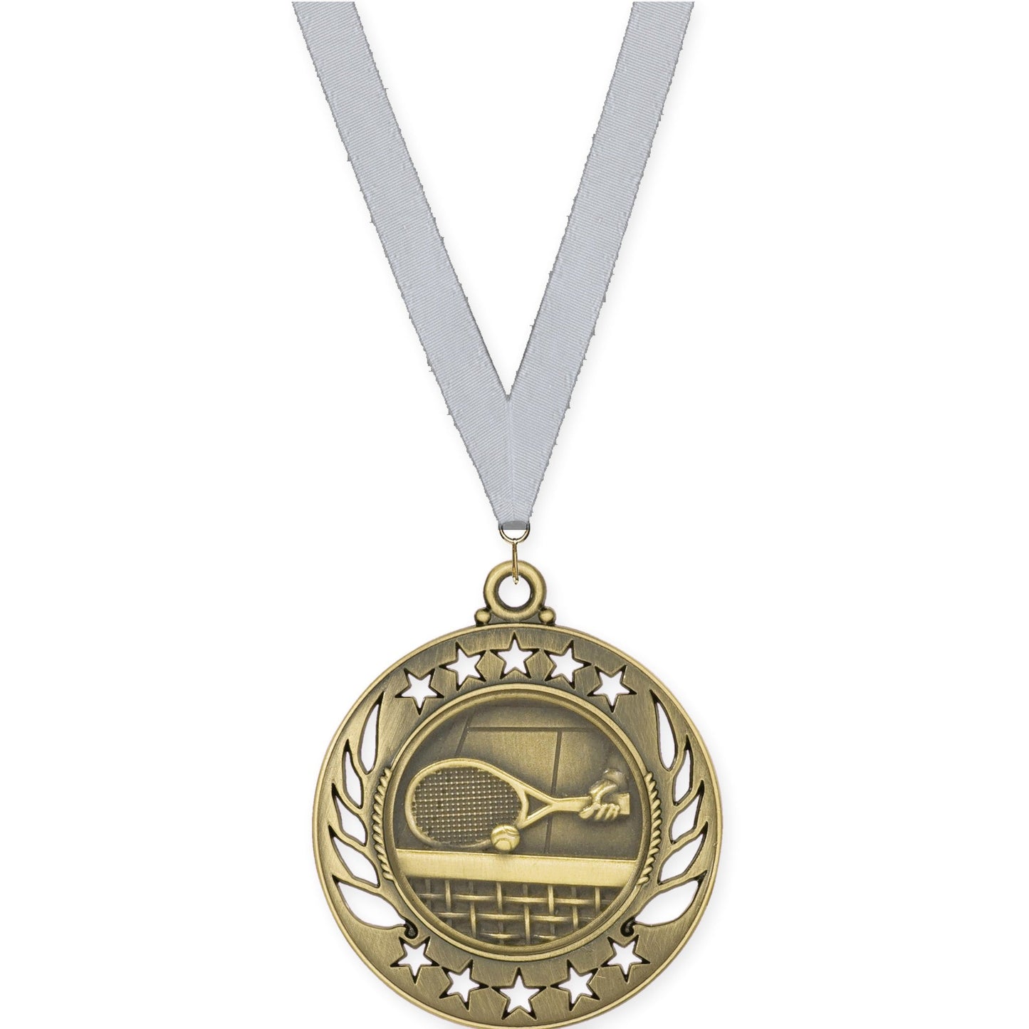 2 1/4 inch tennis Galaxy medal in antique gold with Silver Metallic neck ribbon