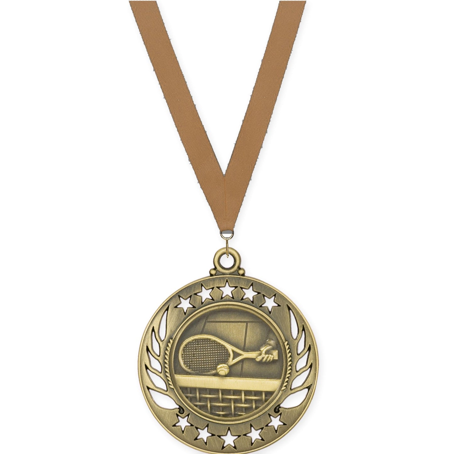 2 1/4 inch tennis Galaxy medal in antique gold with Bronze Metallic neck ribbon