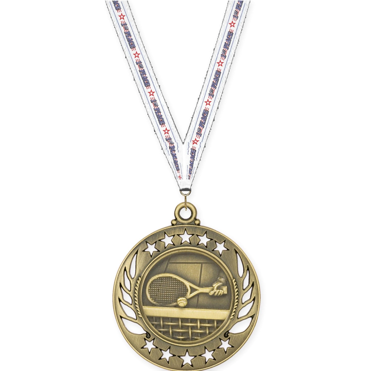 2 1/4 inch tennis Galaxy medal in antique gold with 1st Place neck ribbon