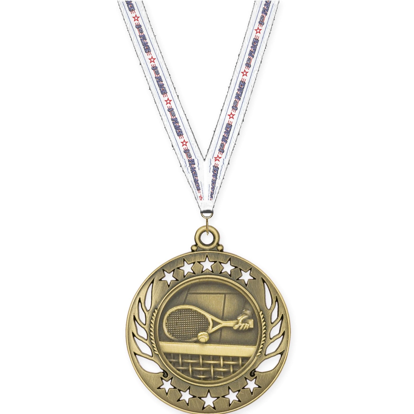 2 1/4 inch tennis Galaxy medal in antique gold with 3rd Place neck ribbon