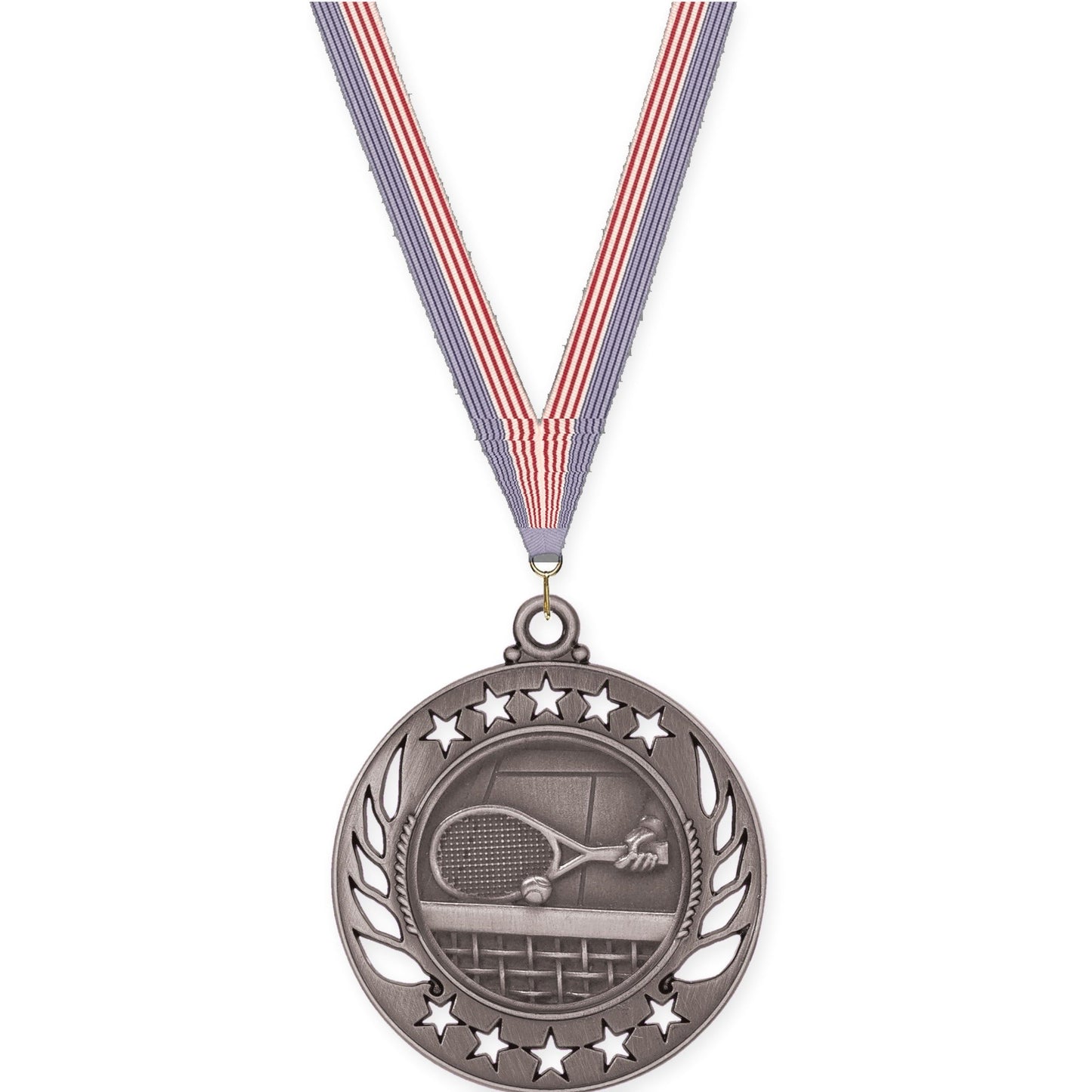 2 1/4 inch tennis Galaxy medal in antique silver with USA Flag neck ribbon
