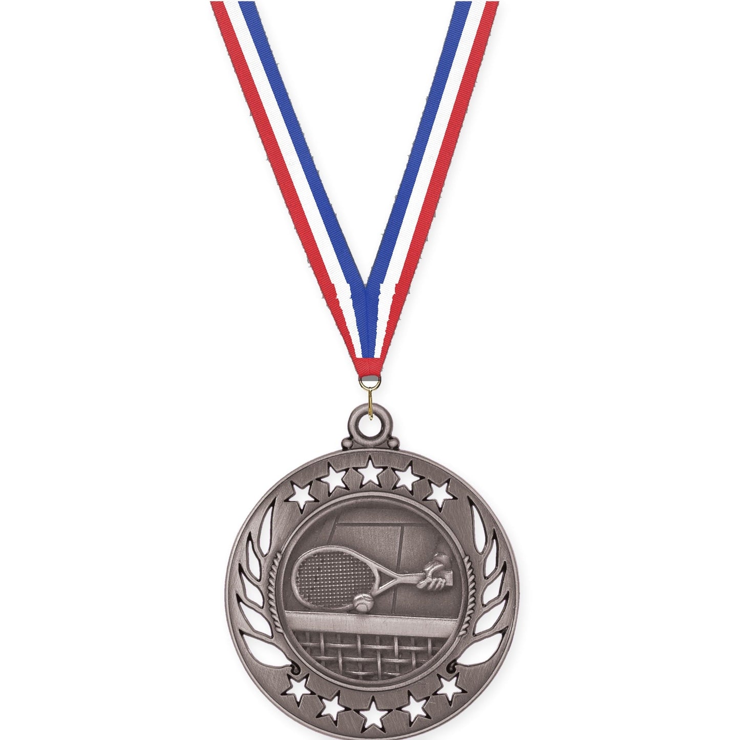 2 1/4 inch tennis Galaxy medal in antique silver with Red White Blue neck ribbon