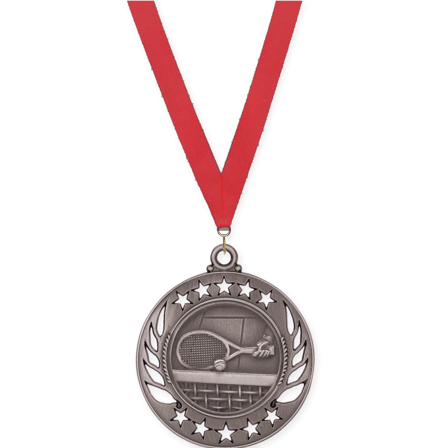 2 1/4 inch tennis Galaxy medal in antique silver with Red neck ribbon