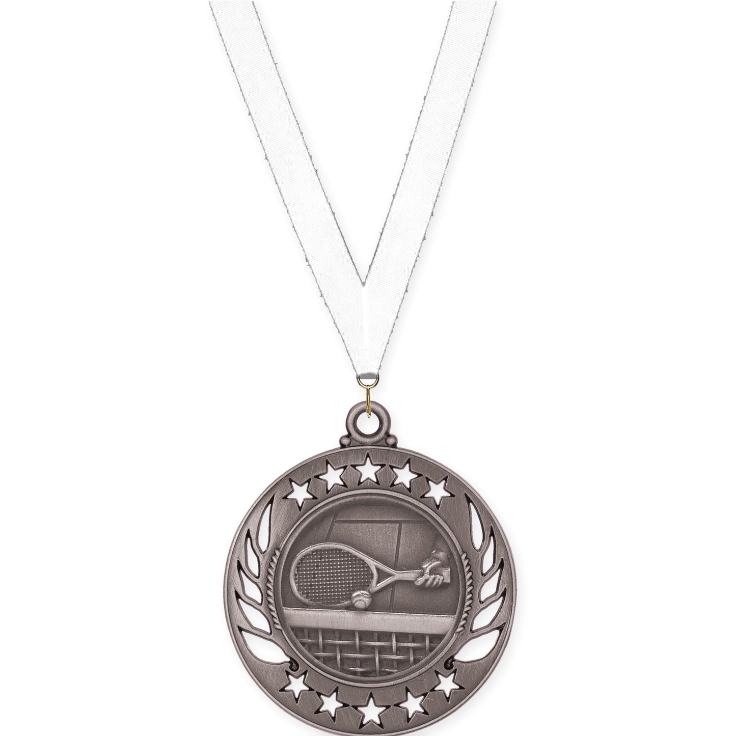 2 1/4 inch tennis Galaxy medal in antique silver with White neck ribbon