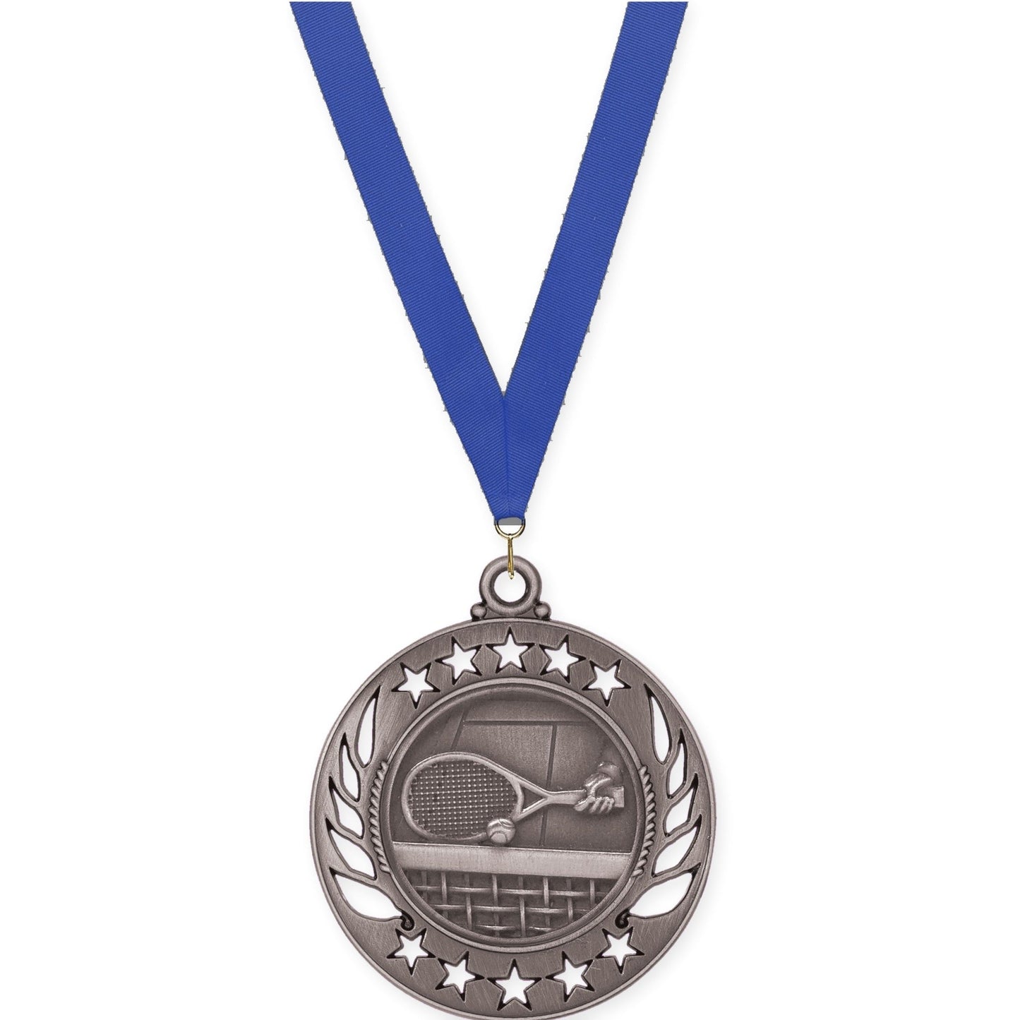 2 1/4 inch tennis Galaxy medal in antique silver with Blue neck ribbon