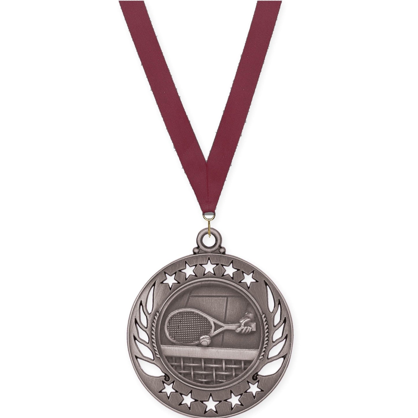 2 1/4 inch tennis Galaxy medal in antique silver with Maroon neck ribbon