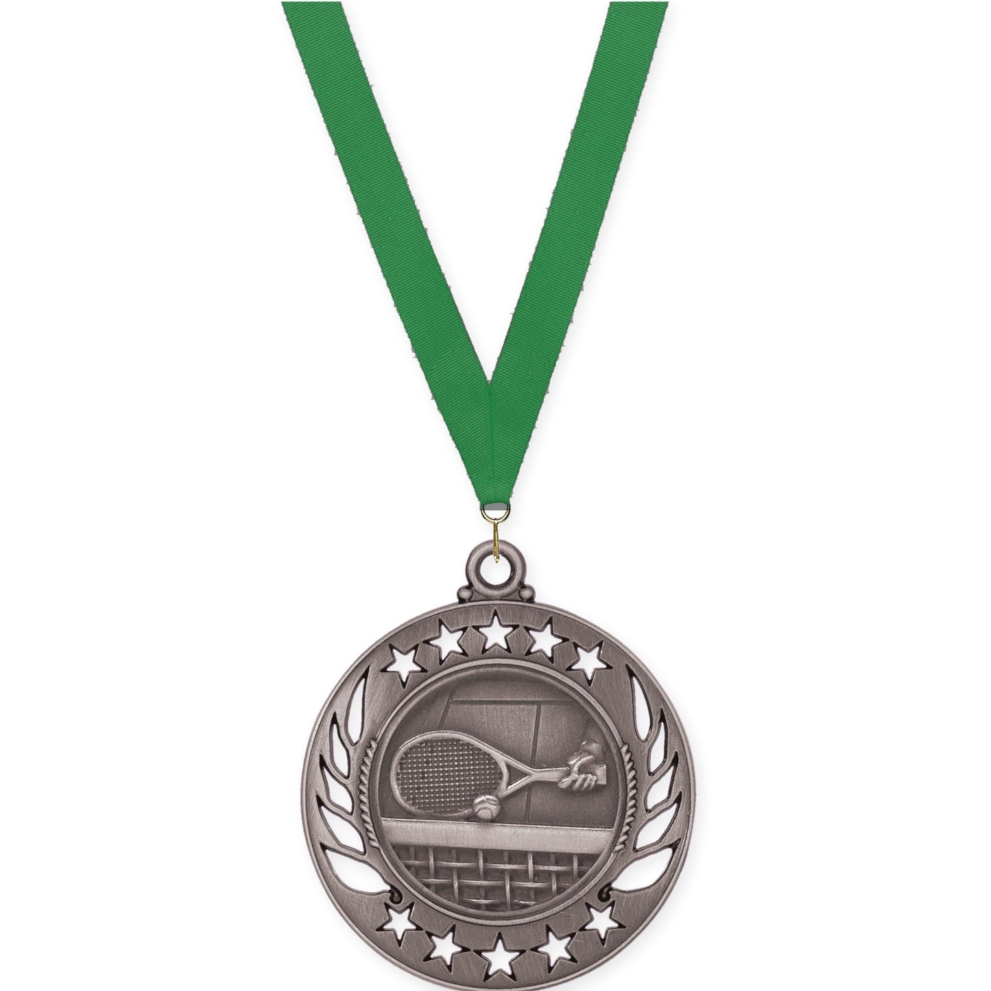 2 1/4 inch tennis Galaxy medal in antique silver with Green neck ribbon