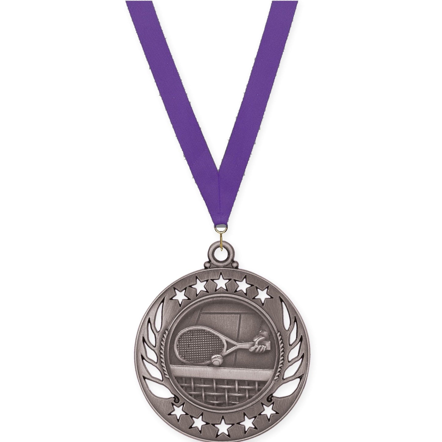 2 1/4 inch tennis Galaxy medal in antique silver with Purple neck ribbon