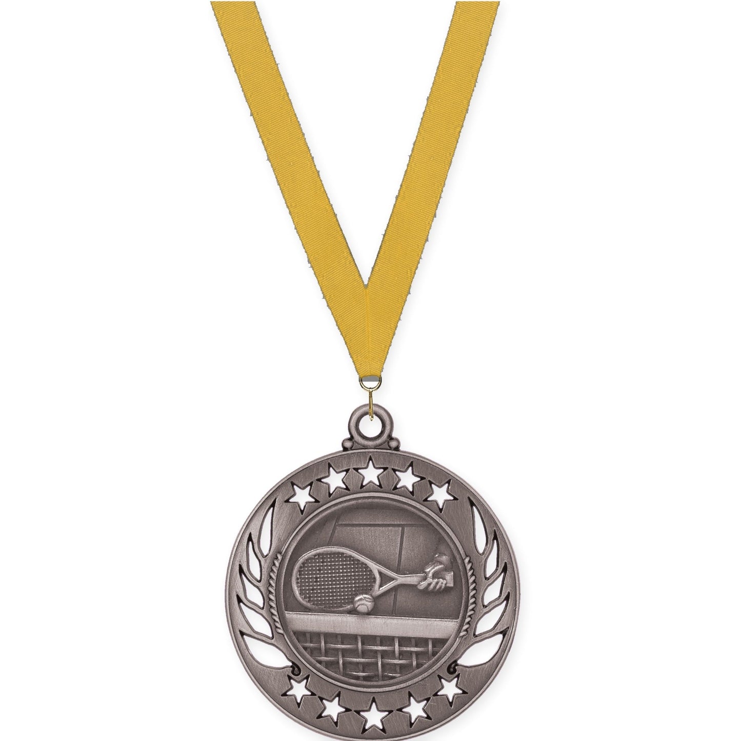2 1/4 inch tennis Galaxy medal in antique silver with Gold neck ribbon
