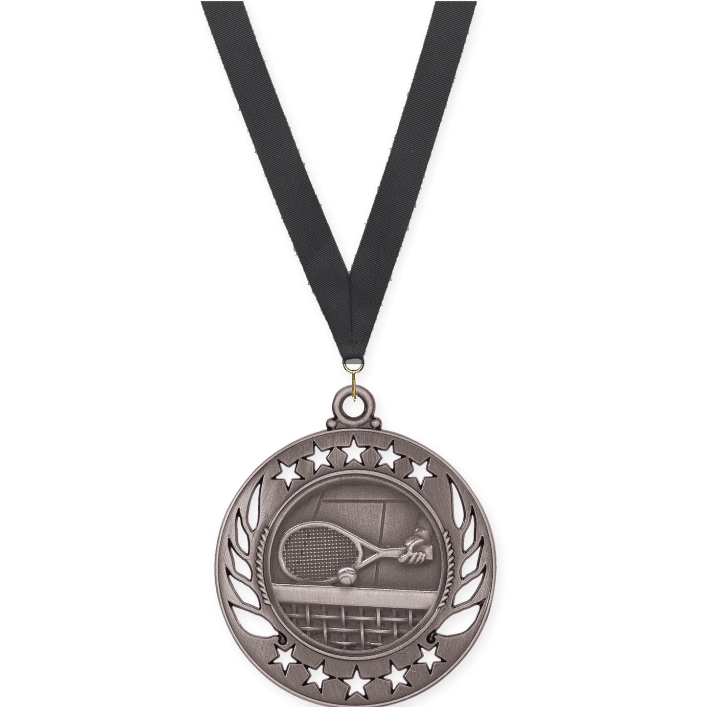 2 1/4 inch tennis Galaxy medal in antique silver with Black neck ribbon