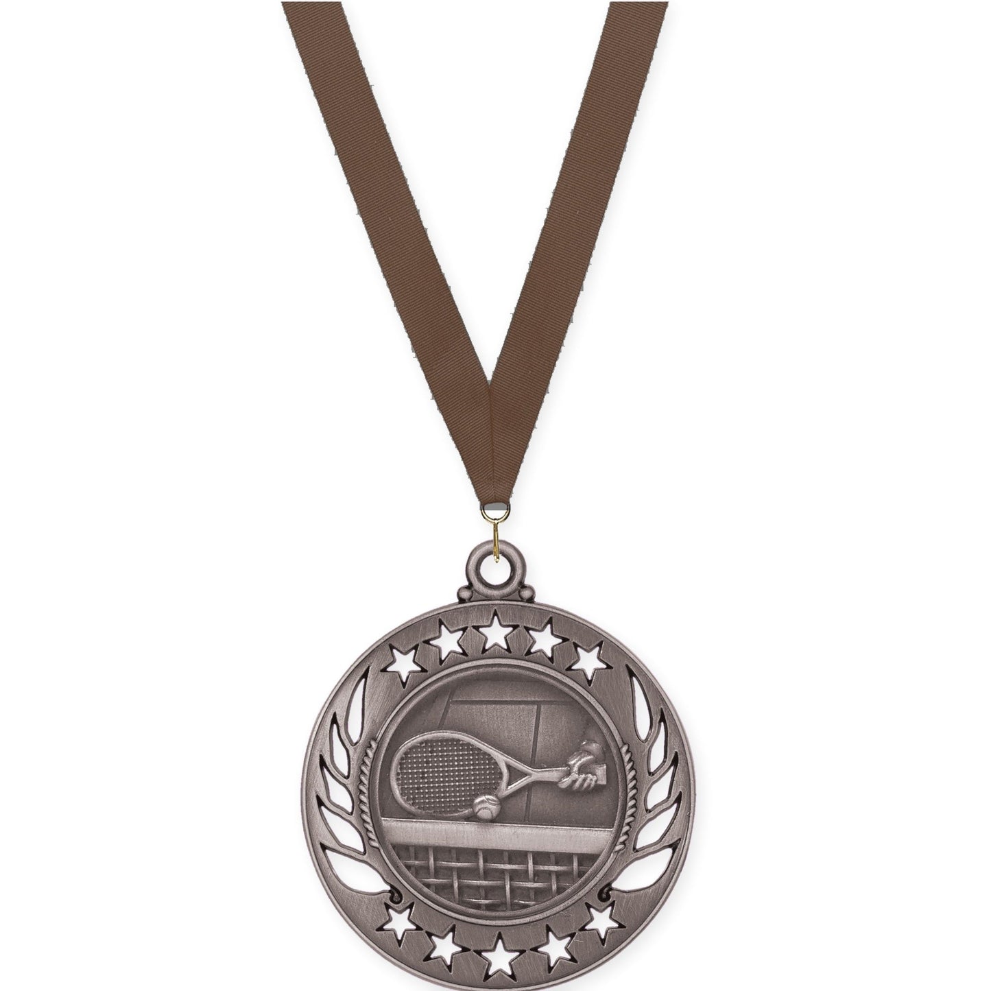 2 1/4 inch tennis Galaxy medal in antique silver with Brown neck ribbon