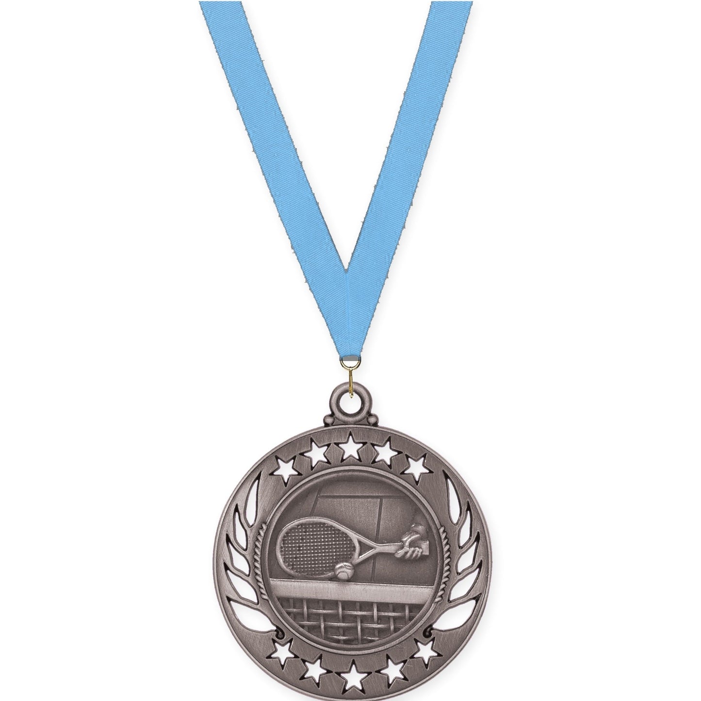 2 1/4 inch tennis Galaxy medal in antique silver with Light Blue neck ribbon