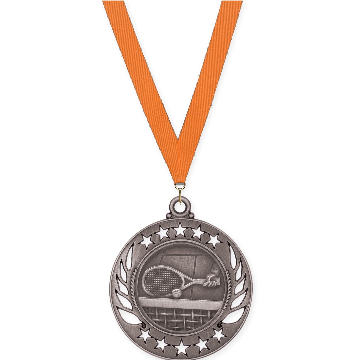 2 1/4 inch tennis Galaxy medal in antique silver with Orange neck ribbon