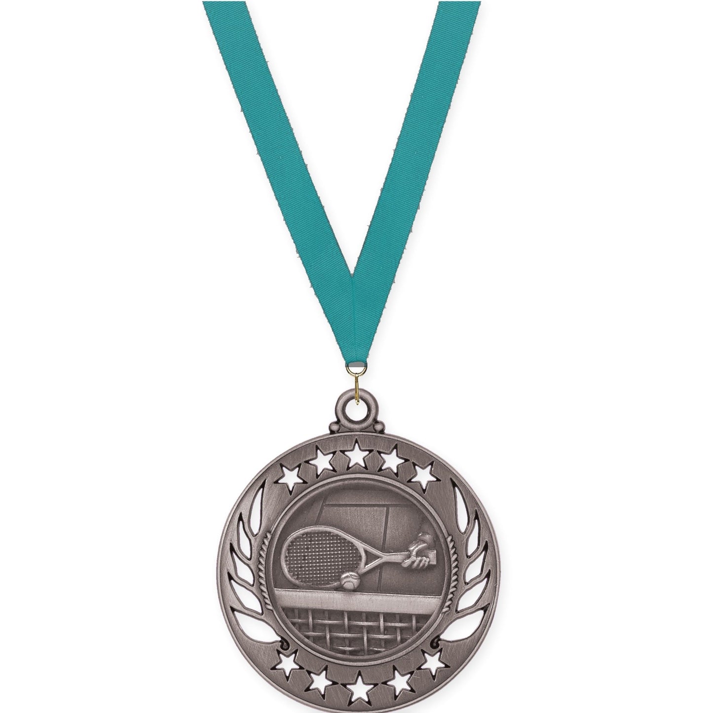2 1/4 inch tennis Galaxy medal in antique silver with Teal neck ribbon