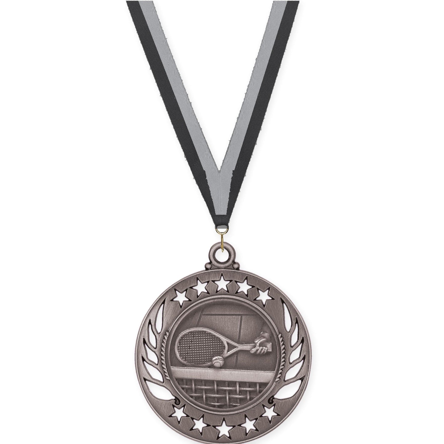 2 1/4 inch tennis Galaxy medal in antique silver with Black Gray neck ribbon