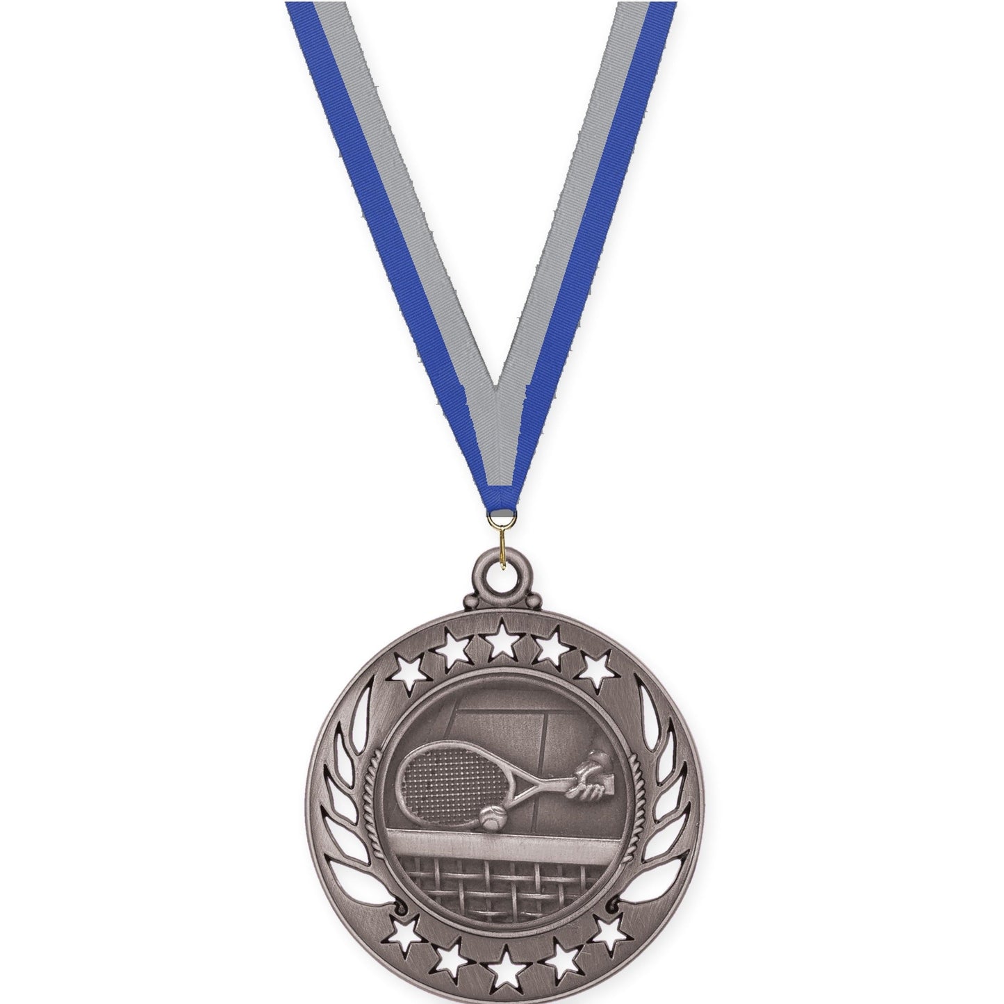 2 1/4 inch tennis Galaxy medal in antique silver with Blue Gray neck ribbon