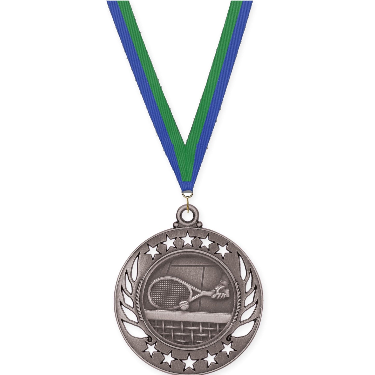 2 1/4 inch tennis Galaxy medal in antique silver with Blue Green neck ribbon