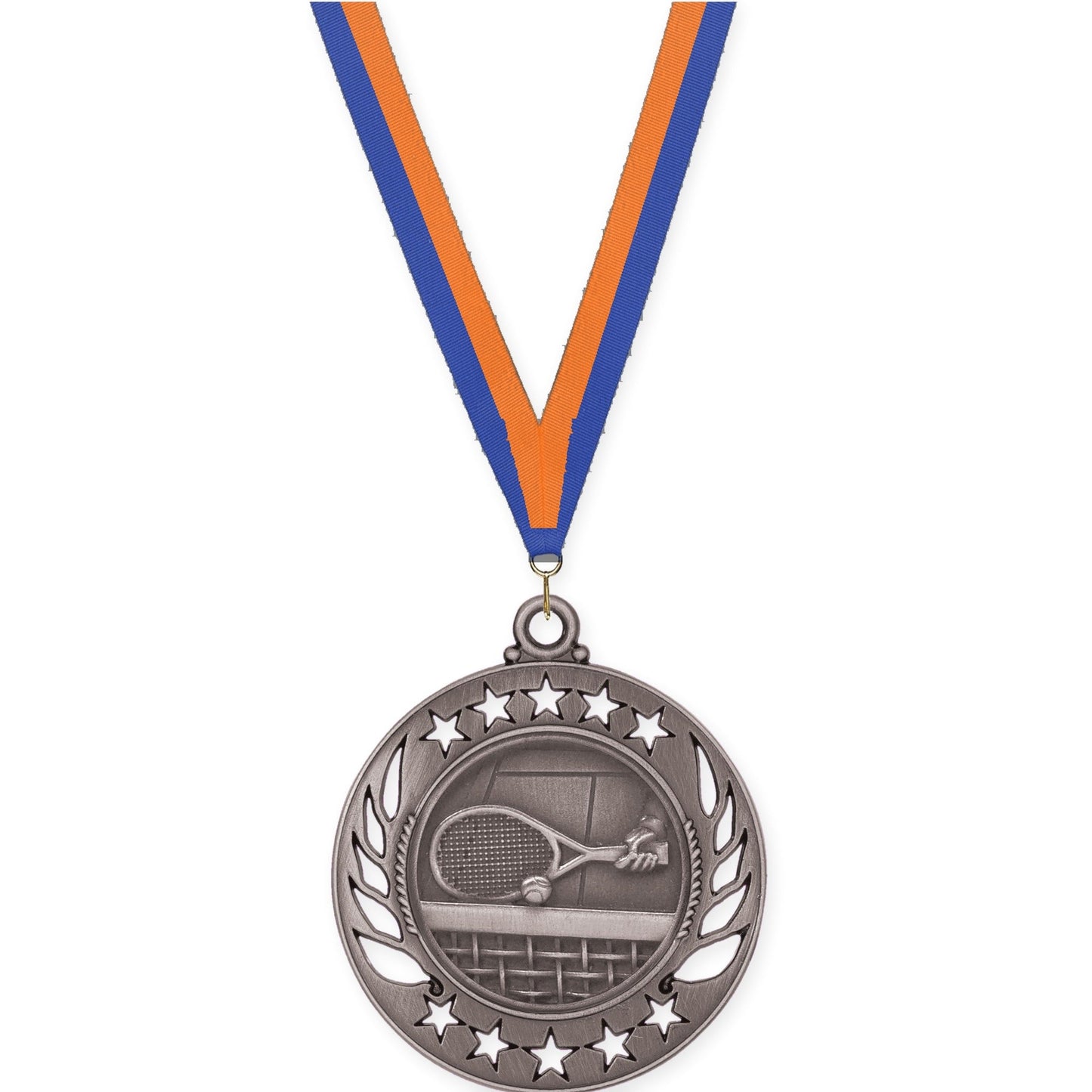 2 1/4 inch tennis Galaxy medal in antique silver with Blue Orange neck ribbon