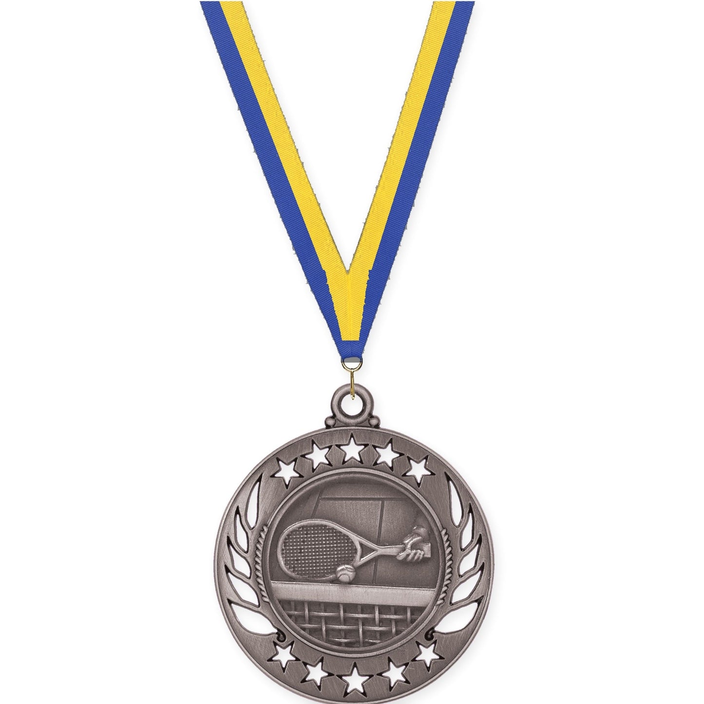 2 1/4 inch tennis Galaxy medal in antique silver with Blue Yellow neck ribbon
