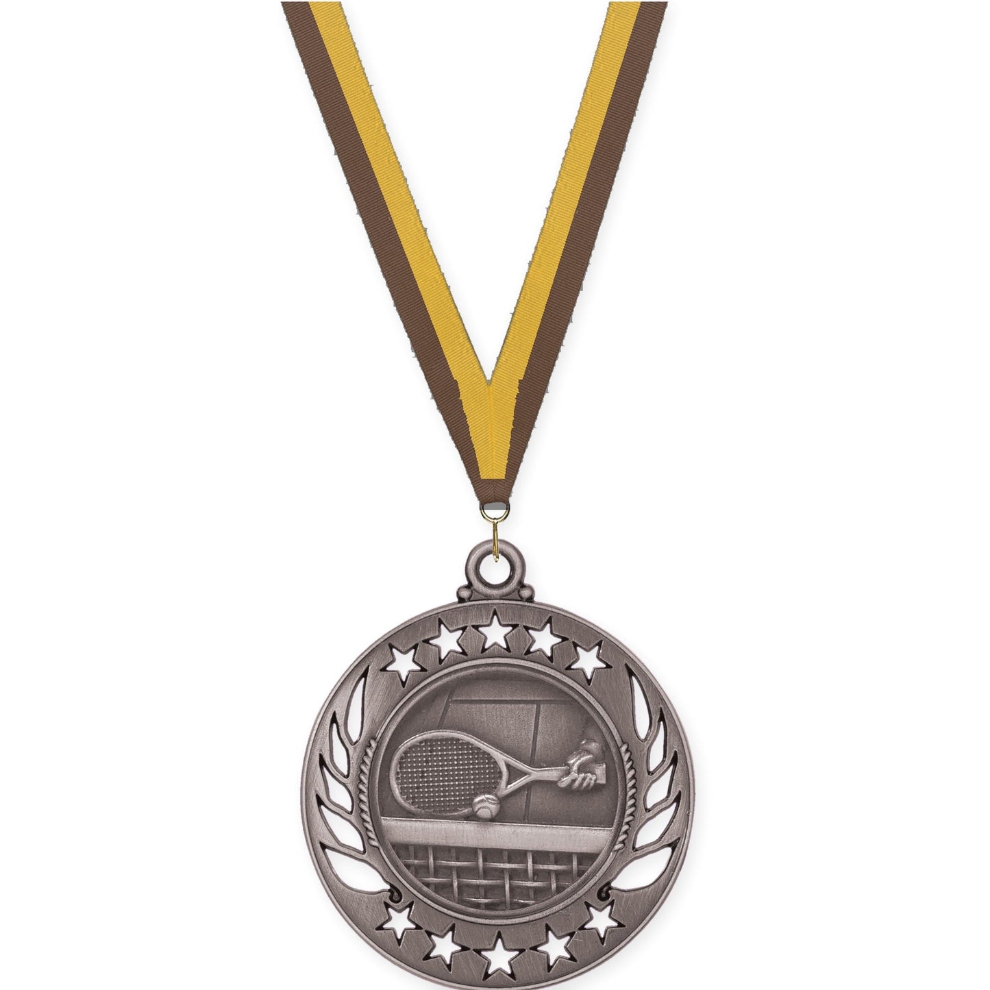 2 1/4 inch tennis Galaxy medal in antique silver with Brown Gold neck ribbon