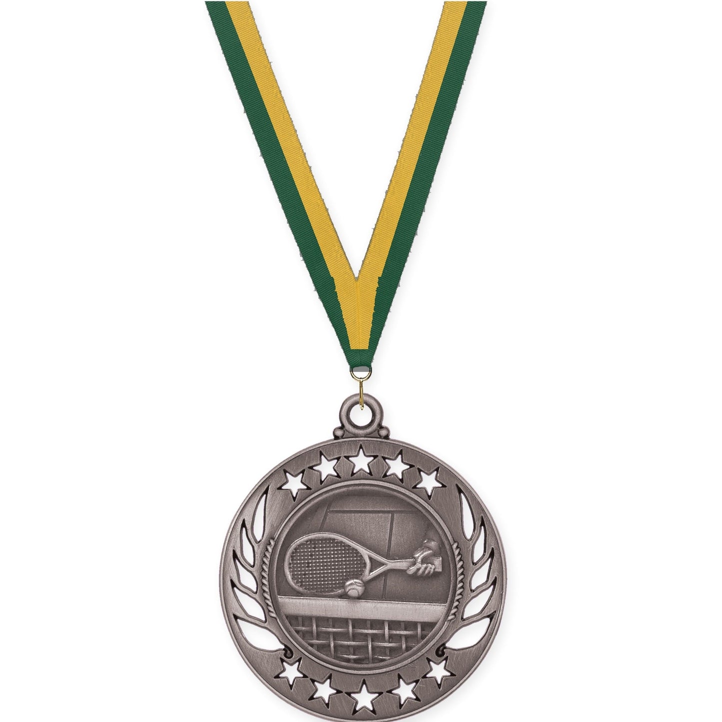 2 1/4 inch tennis Galaxy medal in antique silver with Hunter Green Gold neck ribbon