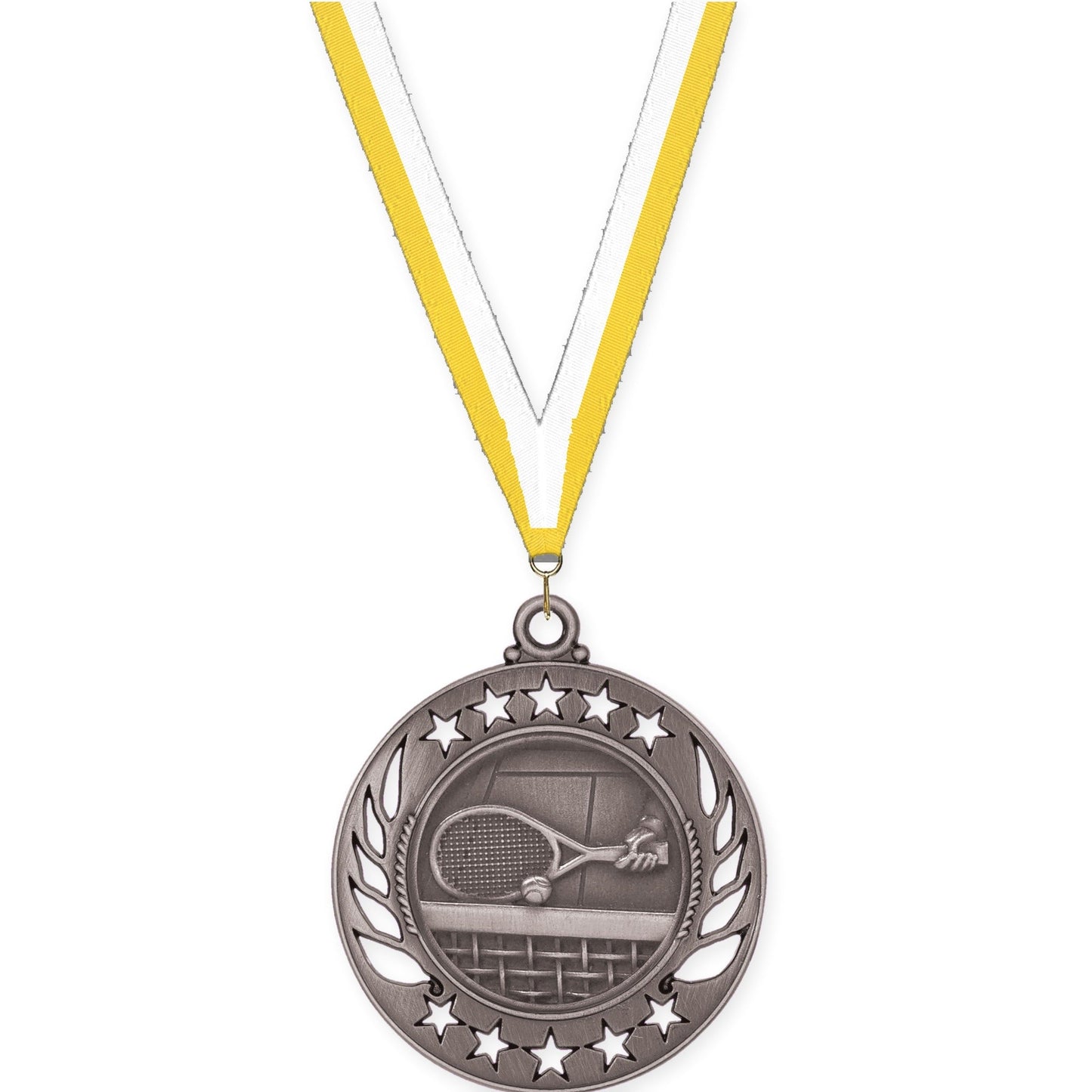 2 1/4 inch tennis Galaxy medal in antique silver with Yellow White neck ribbon