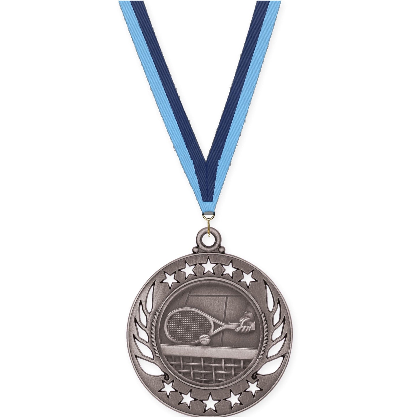 2 1/4 inch tennis Galaxy medal in antique silver with Light Blue Navy neck ribbon