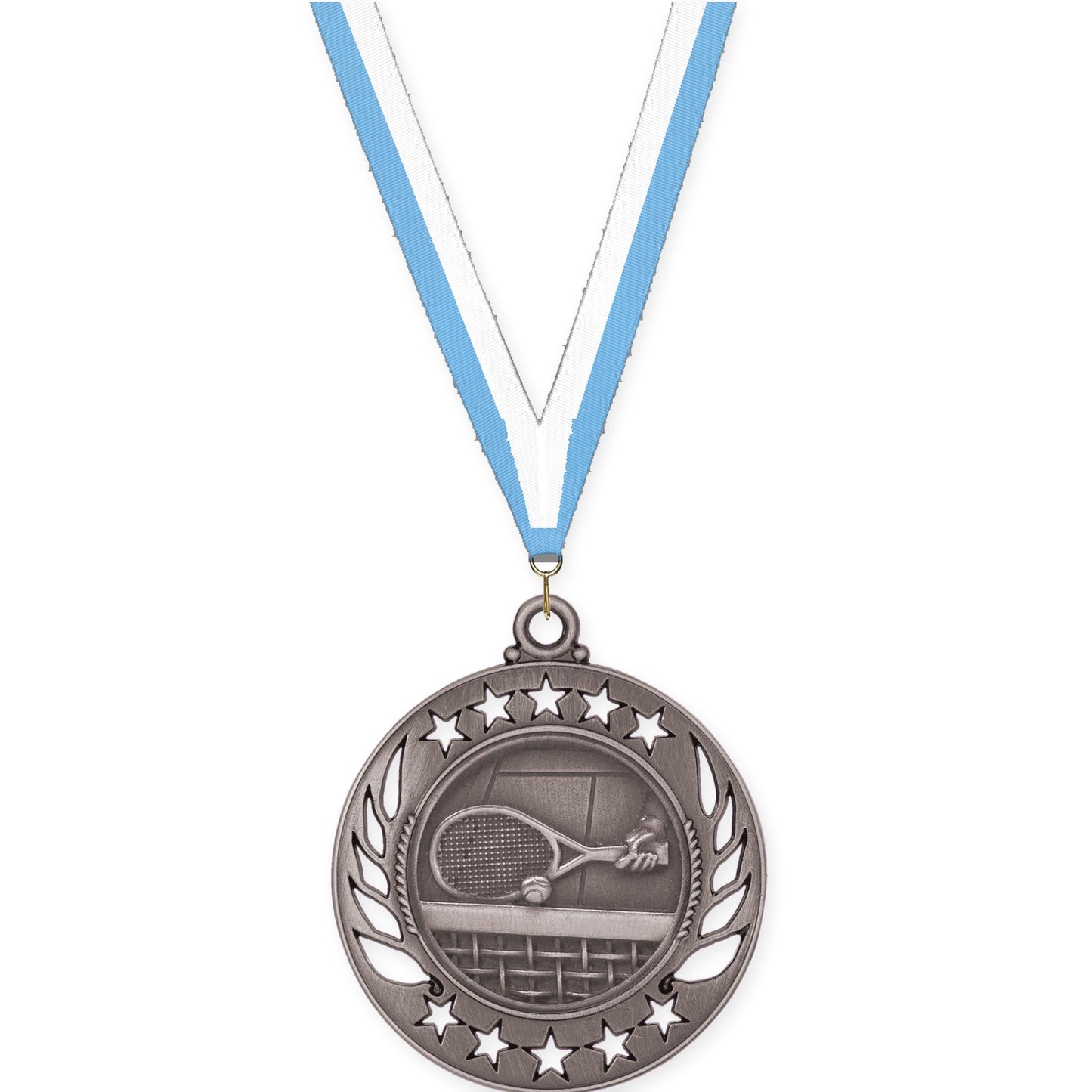 2 1/4 inch tennis Galaxy medal in antique silver with Light Blue White neck ribbon