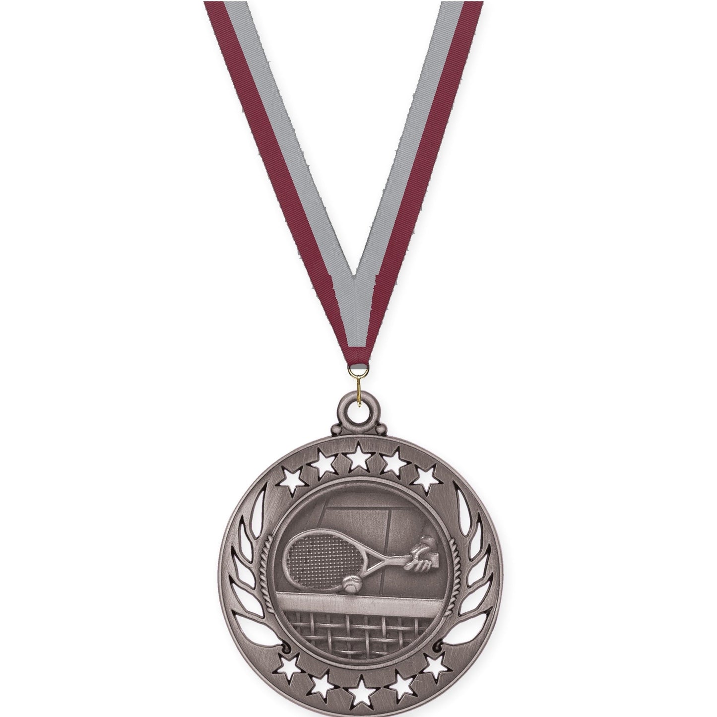 2 1/4 inch tennis Galaxy medal in antique silver with Maroon Gray neck ribbon