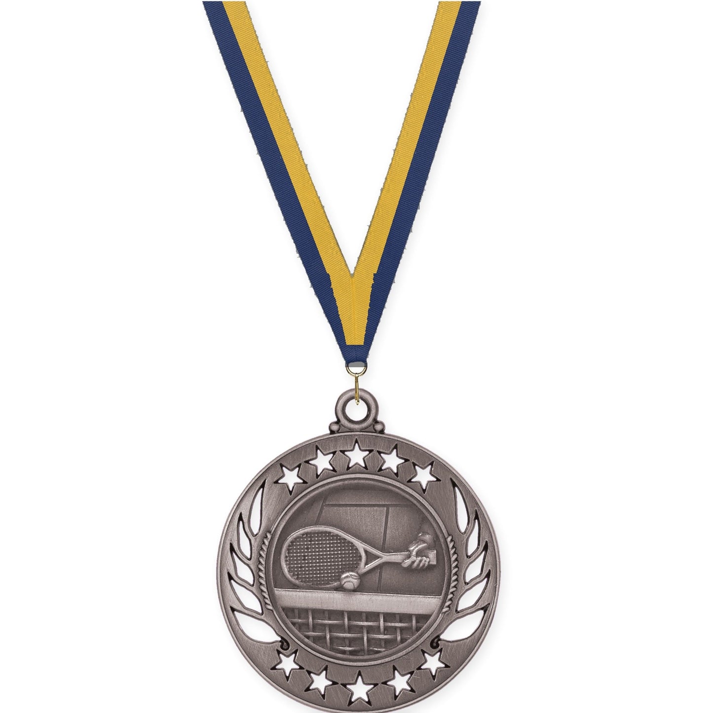 2 1/4 inch tennis Galaxy medal in antique silver with Navy Gold neck ribbon