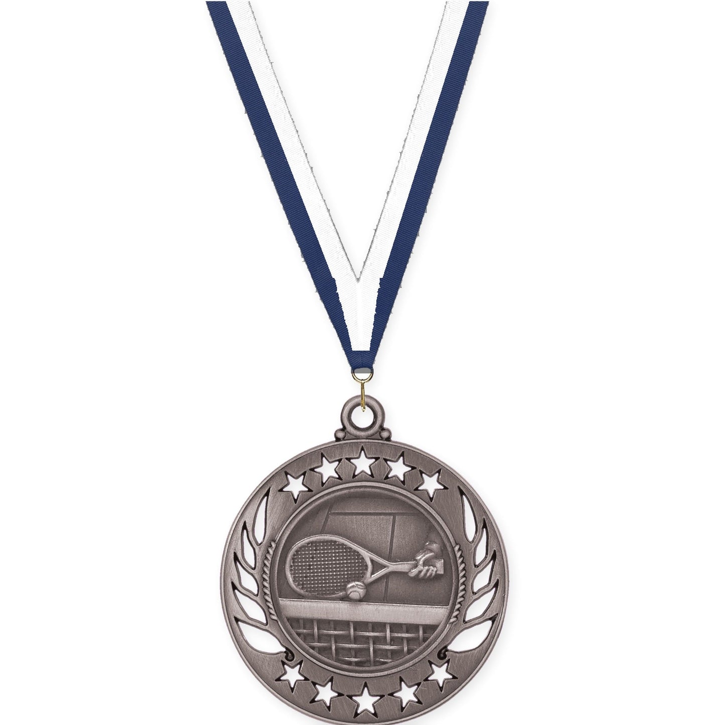 2 1/4 inch tennis Galaxy medal in antique silver with Navy White neck ribbon