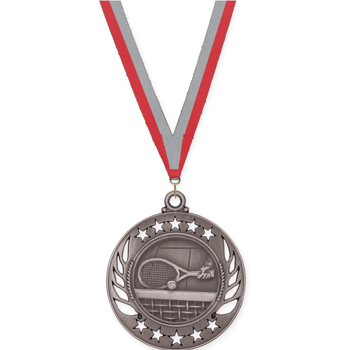 2 1/4 inch tennis Galaxy medal in antique silver with Red Gray neck ribbon