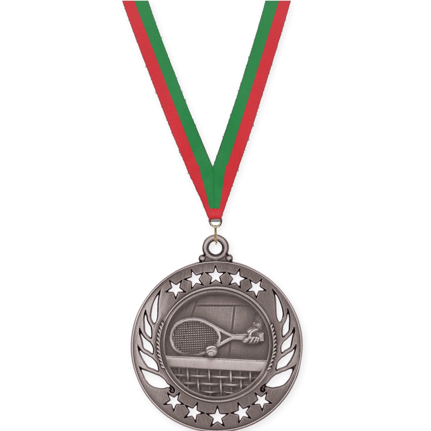 2 1/4 inch tennis Galaxy medal in antique silver with Red Green neck ribbon