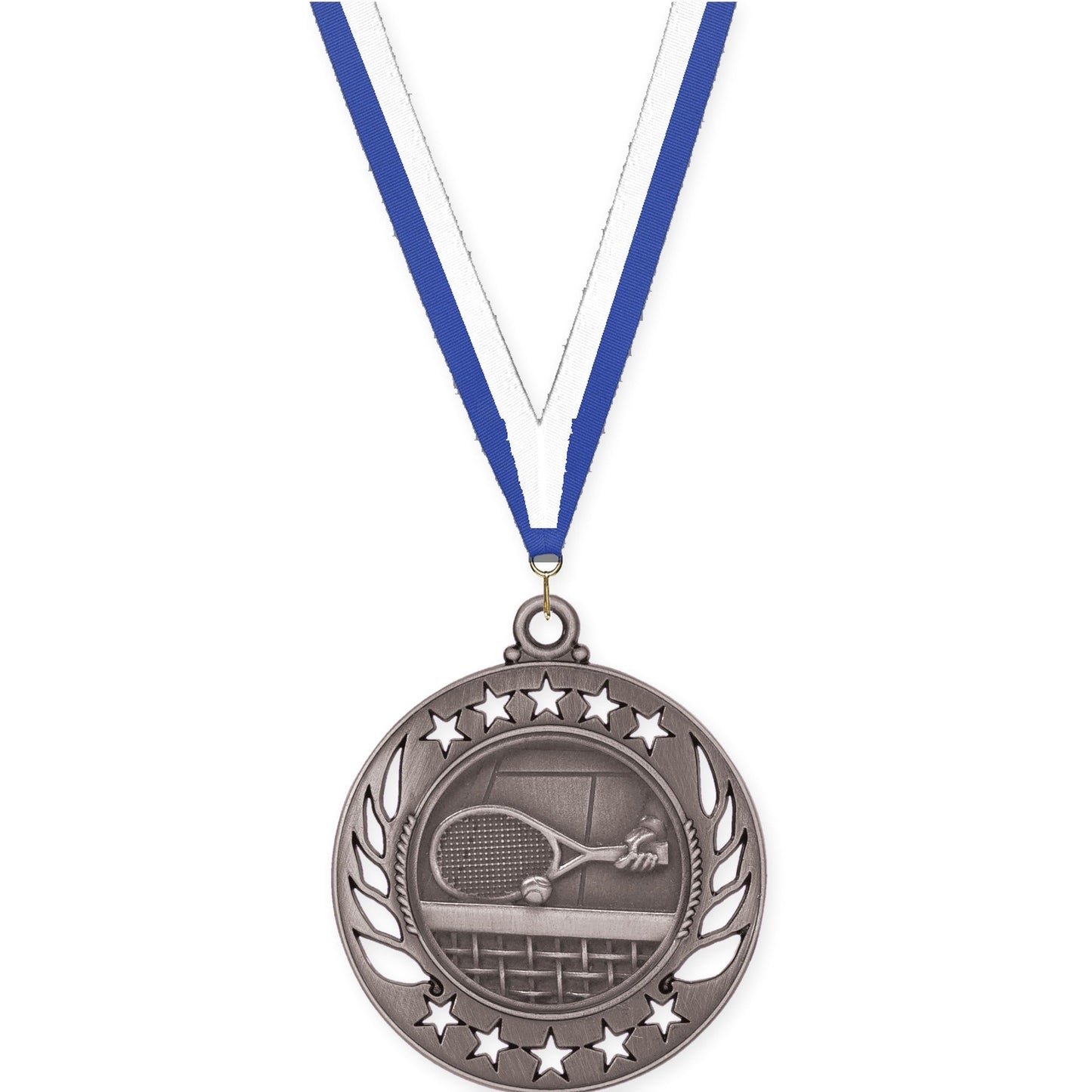 2 1/4 inch tennis Galaxy medal in antique silver with Blue White neck ribbon